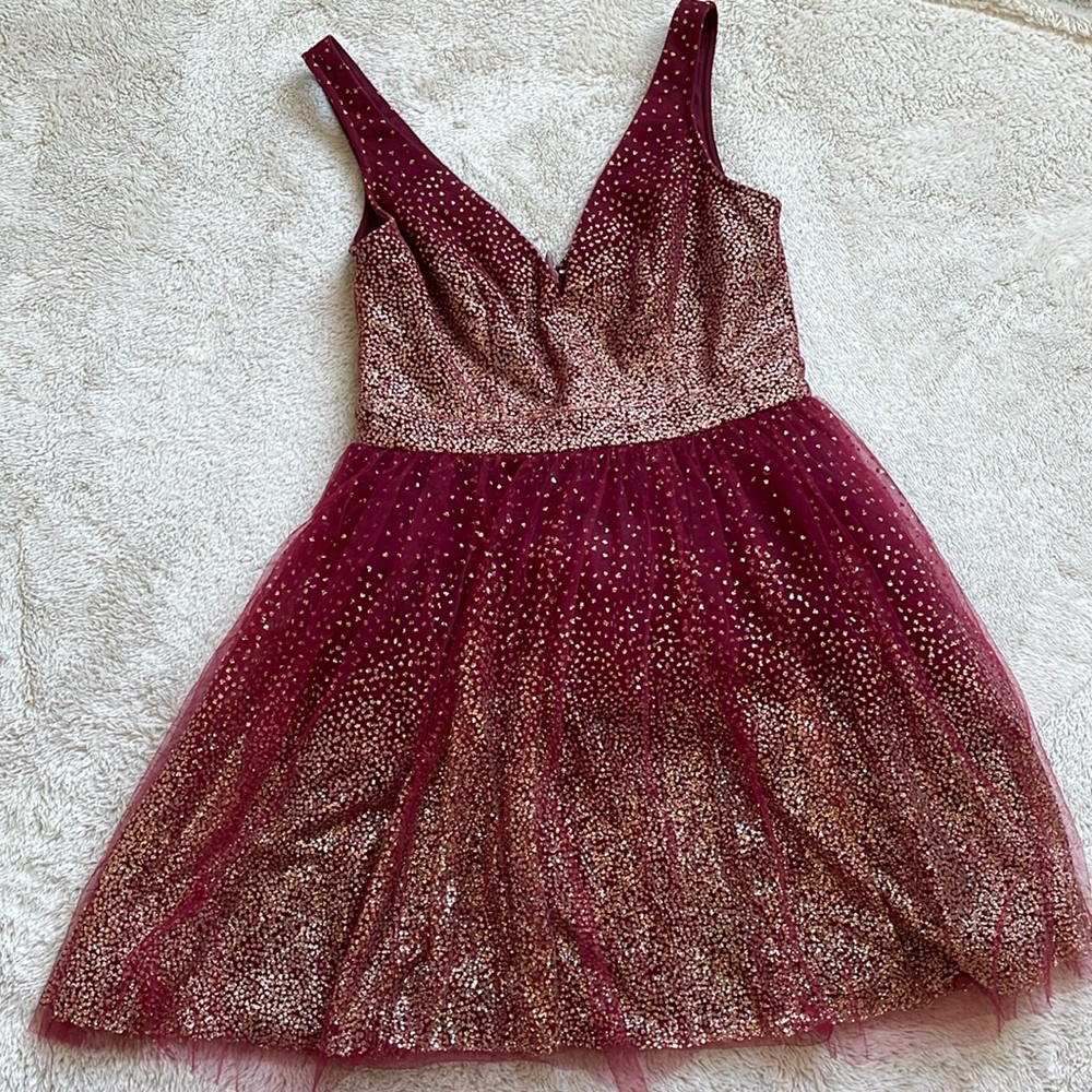 Red and gold short tulle dress